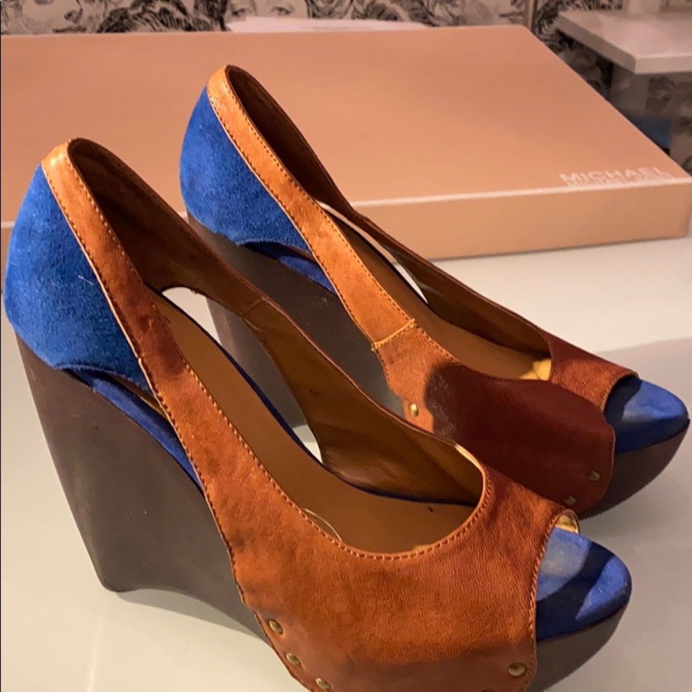 NYLA blue suede and leather platforms.